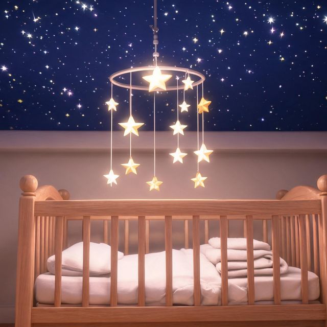Cuna con móvil de estrellas de noche — Canciones de Cuna